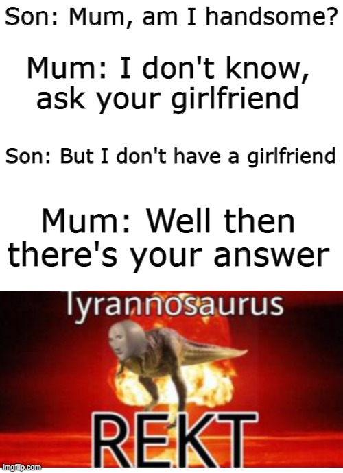 Son: Mum, am I handsome? Mum: I don't know, ask your girlfriend; Son: But I don't have a girlfriend; Mum: Well then there's your answer | image tagged in roasted | made w/ Imgflip meme maker