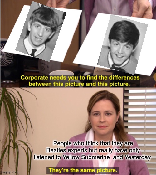 The Beatles | People who think that they are Beatles experts but really have only listened to Yellow Submarine  and Yesterday | image tagged in memes,they're the same picture | made w/ Imgflip meme maker
