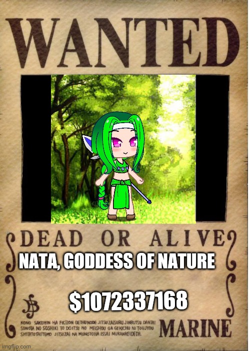 You were sent to kill Nata, your in a forest and you see her taking care of the forest (somewhat op ocs allowed) | NATA, GODDESS OF NATURE; $1072337168 | image tagged in one piece wanted poster template | made w/ Imgflip meme maker