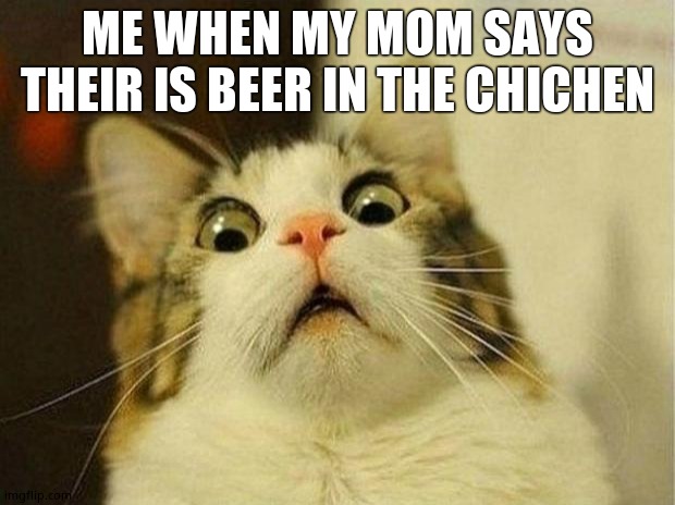 Food | ME WHEN MY MOM SAYS THEIR IS BEER IN THE CHICHEN | image tagged in memes,scared cat | made w/ Imgflip meme maker