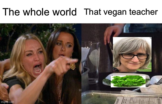 The world vs That Vegan Teacher | The whole world; That vegan teacher | image tagged in memes,woman yelling at cat,reality | made w/ Imgflip meme maker