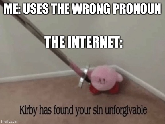 Kirby has found your sin unforgivable | ME: USES THE WRONG PRONOUN THE INTERNET: | image tagged in kirby has found your sin unforgivable | made w/ Imgflip meme maker