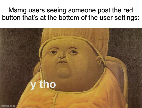 Y Tho | Msmg users seeing someone post the red button that’s at the bottom of the user settings: | image tagged in y tho | made w/ Imgflip meme maker