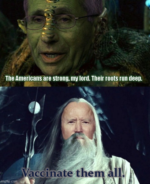 Saruman abandons reason for madness | The Americans are strong, my lord. Their roots run deep. Vaccinate them all. | image tagged in lotr,saruman,joe biden,totalitarian,tyranny,dr fauci | made w/ Imgflip meme maker