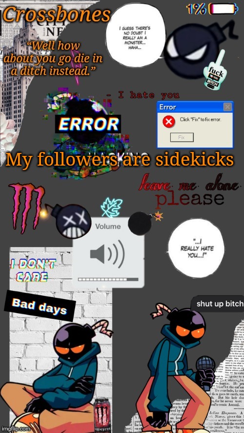 Crossbones whitty temp ty sayori my bff | My followers are sidekicks | image tagged in crossbones whitty temp ty sayori my bff | made w/ Imgflip meme maker