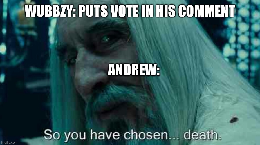 Support wubbzy | WUBBZY: PUTS VOTE IN HIS COMMENT; ANDREW: | image tagged in so you have chosen death | made w/ Imgflip meme maker