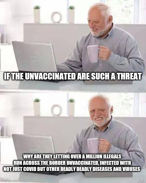 Vaccine | IF THE UNVACCINATED ARE SUCH A THREAT; WHY ARE THEY LETTING OVER A MILLION ILLEGALS RUN ACROSS THE BORDER UNVACCINATED, INFECTED WITH NOT JUST COVID BUT OTHER DEADLY DEADLY DISEASES AND VIRUSES | image tagged in memes,hide the pain harold,vaccines,illegal immigration,covid19,democrats | made w/ Imgflip meme maker