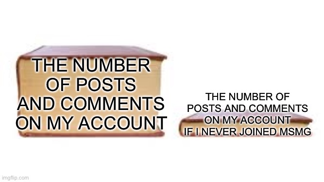 Big book small book | THE NUMBER OF POSTS AND COMMENTS ON MY ACCOUNT; THE NUMBER OF POSTS AND COMMENTS ON MY ACCOUNT IF I NEVER JOINED MSMG | image tagged in big book small book | made w/ Imgflip meme maker