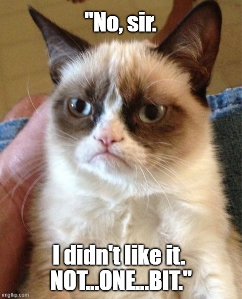 Grumpy cat meme: "No, sir. I didn't like it. NOT...ONE...BIT." | "No, sir. I didn't like it. 
NOT...ONE...BIT." | image tagged in memes,grumpy cat,funny memes,funny animals,funny animal meme,funny cats | made w/ Imgflip meme maker
