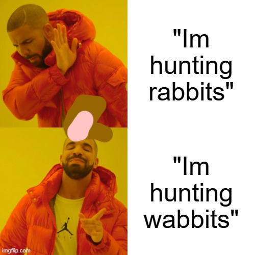 w a b b i t | "Im hunting rabbits"; "Im hunting wabbits" | image tagged in memes,drake hotline bling | made w/ Imgflip meme maker