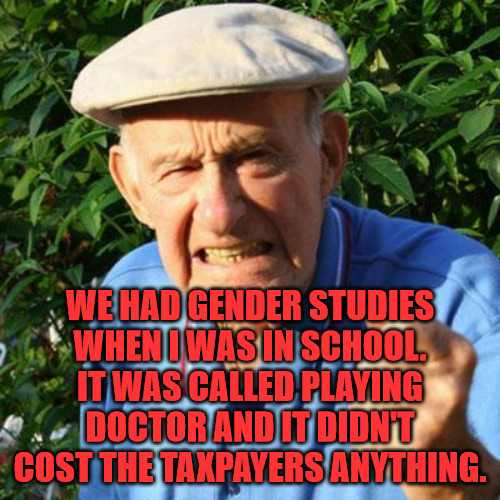 Gender Studies | WE HAD GENDER STUDIES WHEN I WAS IN SCHOOL. IT WAS CALLED PLAYING DOCTOR AND IT DIDN'T COST THE TAXPAYERS ANYTHING. | image tagged in angry old man | made w/ Imgflip meme maker