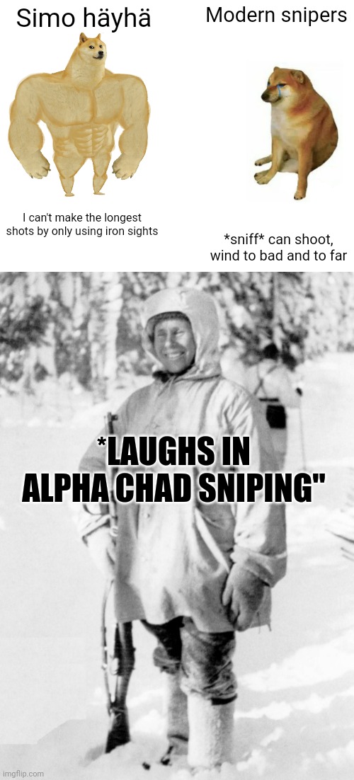 Simo häyhä; Modern snipers; I can't make the longest shots by only using iron sights; *sniff* can shoot, wind to bad and to far; *LAUGHS IN ALPHA CHAD SNIPING" | image tagged in memes,buff doge vs cheems | made w/ Imgflip meme maker