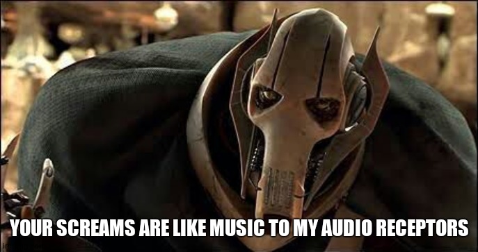 General Grievous | YOUR SCREAMS ARE LIKE MUSIC TO MY AUDIO RECEPTORS | image tagged in general grievous | made w/ Imgflip meme maker