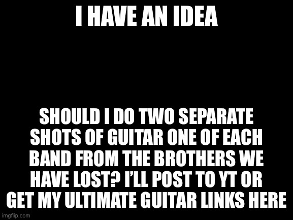 Guitar videos for our fallen brothers? | I HAVE AN IDEA; SHOULD I DO TWO SEPARATE SHOTS OF GUITAR ONE OF EACH BAND FROM THE BROTHERS WE HAVE LOST? I’LL POST TO YT OR GET MY ULTIMATE GUITAR LINKS HERE | image tagged in blank white template | made w/ Imgflip meme maker