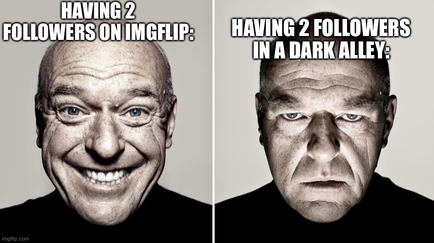 Dean Norris Reaction | HAVING 2 FOLLOWERS ON IMGFLIP:; HAVING 2 FOLLOWERS IN A DARK ALLEY: | image tagged in dean norris reaction | made w/ Imgflip meme maker