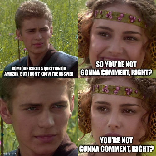 Amazon Questions | SOMEONE ASKED A QUESTION ON AMAZON, BUT I DON’T KNOW THE ANSWER; SO YOU’RE NOT GONNA COMMENT, RIGHT? YOU’RE NOT GONNA COMMENT, RIGHT? | image tagged in anakin padme 4 panel | made w/ Imgflip meme maker