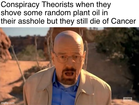 Walter White Fall | Conspiracy Theorists when they shove some random plant oil in their asshole but they still die of Cancer | image tagged in walter white fall | made w/ Imgflip meme maker