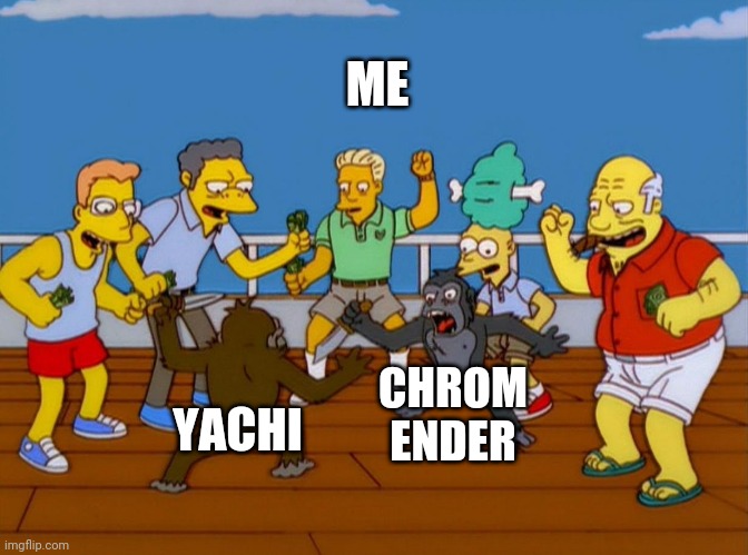 Fight, fight, fight | ME; CHROM ENDER; YACHI | image tagged in simpsons monkey fight | made w/ Imgflip meme maker