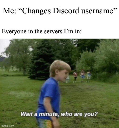 I did change it | Me: “Changes Discord username”; Everyone in the servers I’m in: | image tagged in wait a minute who are you | made w/ Imgflip meme maker