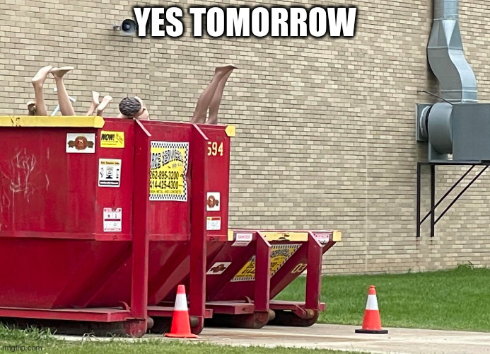 Will you clean out the dumpster?!?! | YES TOMORROW | image tagged in mara leggo | made w/ Imgflip meme maker