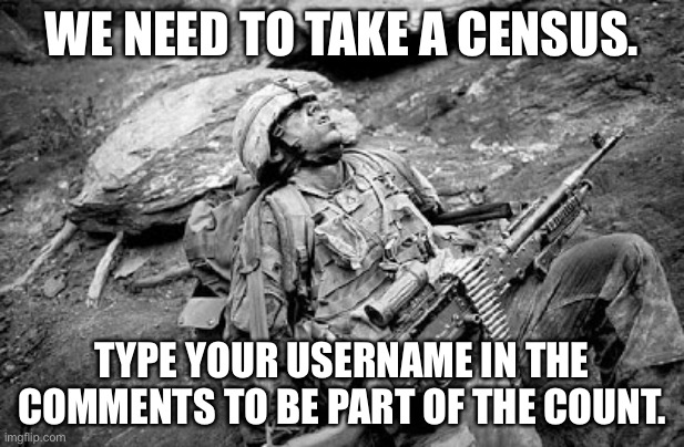 Tired soldier | WE NEED TO TAKE A CENSUS. TYPE YOUR USERNAME IN THE COMMENTS TO BE PART OF THE COUNT. | image tagged in tired soldier | made w/ Imgflip meme maker