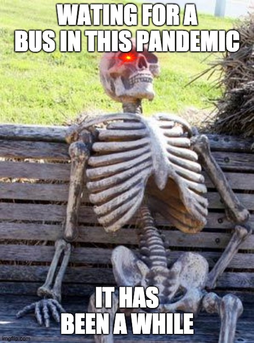 Waiting Skeleton | WATING FOR A BUS IN THIS PANDEMIC; IT HAS BEEN A WHILE | image tagged in memes,waiting skeleton | made w/ Imgflip meme maker