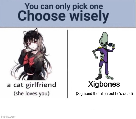 Choose wisely | Xigbones; (Xigmund the alien but he's dead) | image tagged in choose wisely | made w/ Imgflip meme maker