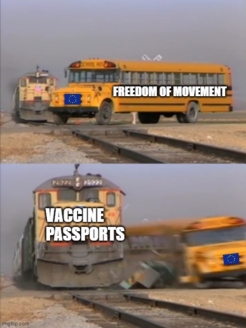 Vaccine Passports | FREEDOM OF MOVEMENT; VACCINE PASSPORTS | image tagged in train crashes bus,vaccines,vaccine,passport,vaccine passports,covid vaccine | made w/ Imgflip meme maker