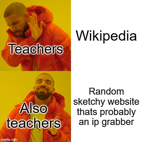 a | Wikipedia; Teachers; Random sketchy website thats probably an ip grabber; Also teachers | image tagged in memes,drake hotline bling | made w/ Imgflip meme maker