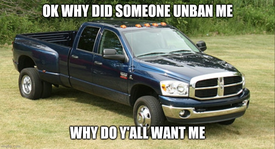 Reply to ThePersonWhoAsked | OK WHY DID SOMEONE UNBAN ME; WHY DO Y'ALL WANT ME | image tagged in dodge ram 3500 | made w/ Imgflip meme maker
