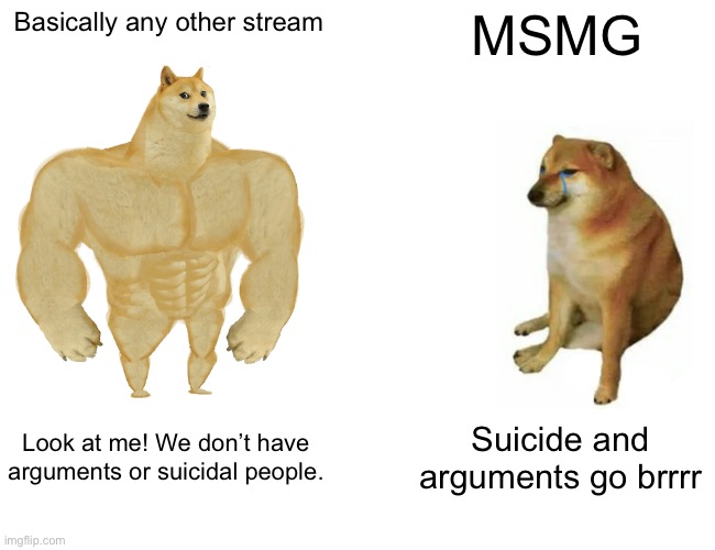 Swing swong you aren’t wrong | Basically any other stream; MSMG; Look at me! We don’t have arguments or suicidal people. Suicide and arguments go brrrr | image tagged in memes,buff doge vs cheems | made w/ Imgflip meme maker