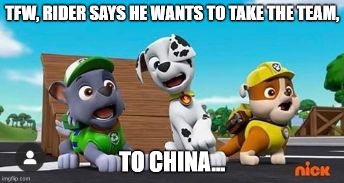 Paw Patrol Shocked Rocky, Marshall, and Rubble | TFW, RIDER SAYS HE WANTS TO TAKE THE TEAM, TO CHINA... | image tagged in paw patrol shocked rocky marshall and rubble | made w/ Imgflip meme maker