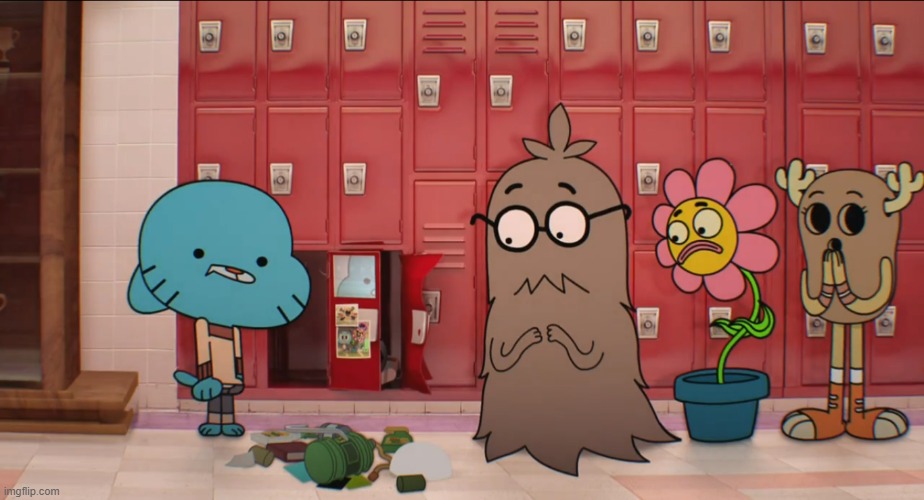 Gumball's drug dealing is discovered after he opens his locker in front of Principal Brown | made w/ Imgflip meme maker