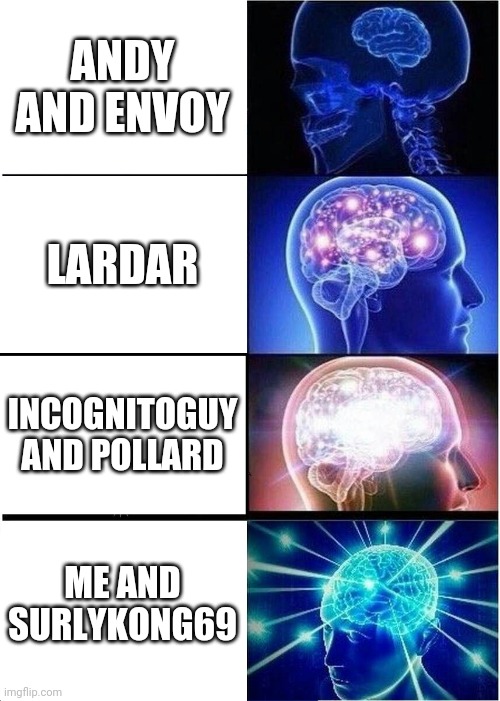 Sense of humour rankings of 7 stream members. | ANDY AND ENVOY; LARDAR; INCOGNITOGUY AND POLLARD; ME AND SURLYKONG69 | image tagged in memes,expanding brain | made w/ Imgflip meme maker