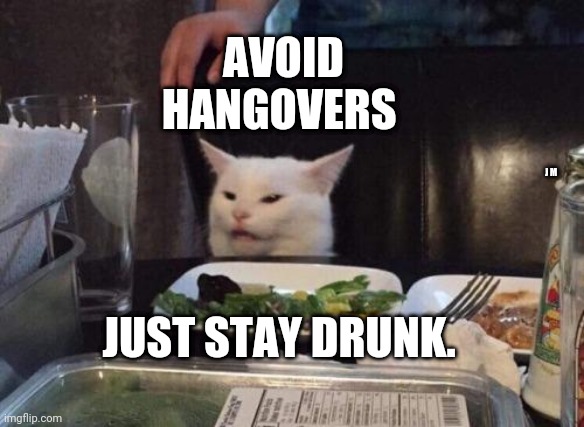 Salad cat | AVOID HANGOVERS; J M; JUST STAY DRUNK. | image tagged in salad cat | made w/ Imgflip meme maker
