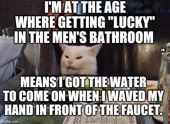 Salad cat | I'M AT THE AGE WHERE GETTING "LUCKY" IN THE MEN'S BATHROOM; J M; MEANS I GOT THE WATER TO COME ON WHEN I WAVED MY HAND IN FRONT OF THE FAUCET. | image tagged in salad cat | made w/ Imgflip meme maker