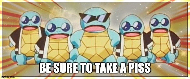 Squirtle Squad | BE SURE TO TAKE A PISS | image tagged in squirtle squad | made w/ Imgflip meme maker