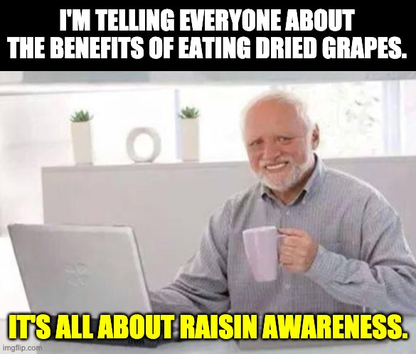 awareness | I'M TELLING EVERYONE ABOUT THE BENEFITS OF EATING DRIED GRAPES. IT'S ALL ABOUT RAISIN AWARENESS. | image tagged in harold | made w/ Imgflip meme maker