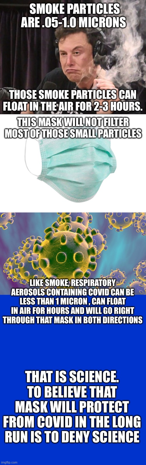 The holes in the mask are bigger than respiratory aerosols and smoke | SMOKE PARTICLES ARE .05-1.0 MICRONS; THOSE SMOKE PARTICLES CAN FLOAT IN THE AIR FOR 2-3 HOURS. THIS MASK WILL NOT FILTER MOST OF THOSE SMALL PARTICLES; LIKE SMOKE, RESPIRATORY AEROSOLS CONTAINING COVID CAN BE LESS THAN 1 MICRON , CAN FLOAT IN AIR FOR HOURS AND WILL GO RIGHT THROUGH THAT MASK IN BOTH DIRECTIONS; THAT IS SCIENCE. TO BELIEVE THAT MASK WILL PROTECT FROM COVID IN THE LONG RUN IS TO DENY SCIENCE | image tagged in elon musk smoking a joint,face mask,coronavirus,aerosols,microns | made w/ Imgflip meme maker