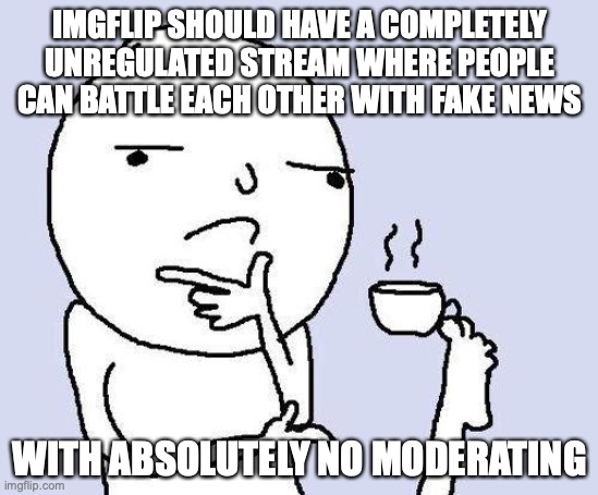 thinking meme | IMGFLIP SHOULD HAVE A COMPLETELY UNREGULATED STREAM WHERE PEOPLE CAN BATTLE EACH OTHER WITH FAKE NEWS; WITH ABSOLUTELY NO MODERATING | image tagged in thinking meme | made w/ Imgflip meme maker