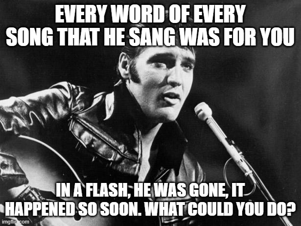 Black Velvet | EVERY WORD OF EVERY SONG THAT HE SANG WAS FOR YOU; IN A FLASH, HE WAS GONE, IT HAPPENED SO SOON. WHAT COULD YOU DO? | image tagged in leather elvis,elvis presley,miles,rock and roll | made w/ Imgflip meme maker