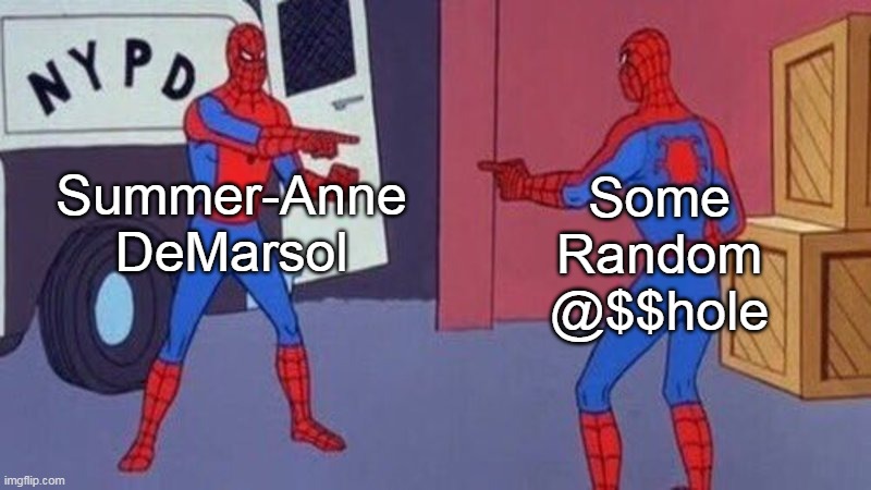 Uncommon Description | Summer-Anne DeMarsol; Some
Random
@$$hole | image tagged in spiderman pointing at spiderman | made w/ Imgflip meme maker