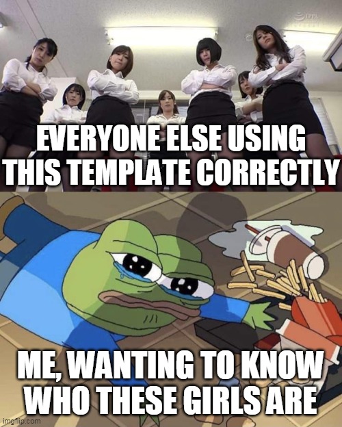 Seriously, I need to know! | EVERYONE ELSE USING THIS TEMPLATE CORRECTLY; ME, WANTING TO KNOW
WHO THESE GIRLS ARE | image tagged in girls bullying frog | made w/ Imgflip meme maker