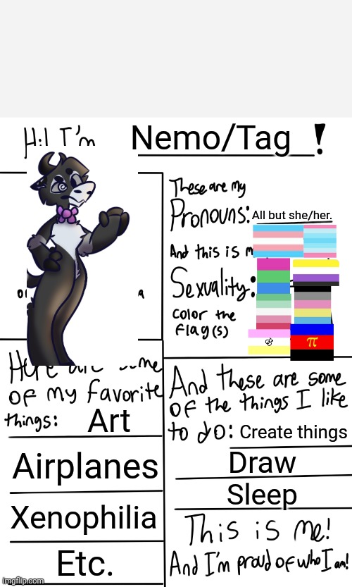 Thats not even all my flags x3 | Nemo/Tag; All but she/her. Art; Create things; Airplanes; Draw; Sleep; Xenophilia; Etc. | image tagged in lgbtq stream account profile | made w/ Imgflip meme maker