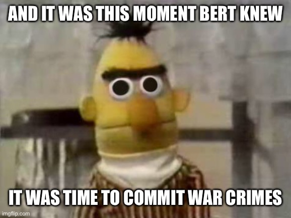 War crimes | AND IT WAS THIS MOMENT BERT KNEW; IT WAS TIME TO COMMIT WAR CRIMES | image tagged in bert stare | made w/ Imgflip meme maker