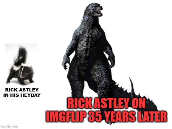 Some things I'll never understand! | RICK ASTLEY IN HIS HEYDAY; RICK ASTLEY ON IMGFLIP 35 YEARS LATER | image tagged in memes,rick astley,skunk,godzilla,imgflip,35 years later | made w/ Imgflip meme maker