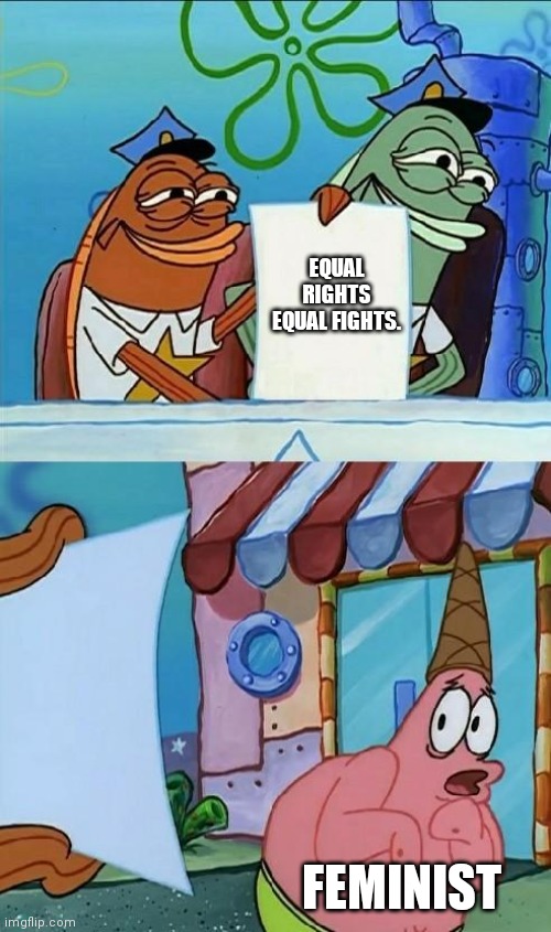 I thought they wanted equality | EQUAL RIGHTS EQUAL FIGHTS. FEMINIST | image tagged in patrick scared,memes | made w/ Imgflip meme maker