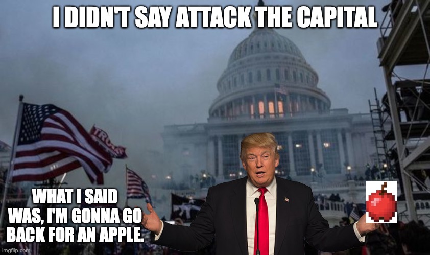 misconstrued coup | I DIDN'T SAY ATTACK THE CAPITAL; WHAT I SAID WAS, I'M GONNA GO BACK FOR AN APPLE. | image tagged in misconstrued coup | made w/ Imgflip meme maker
