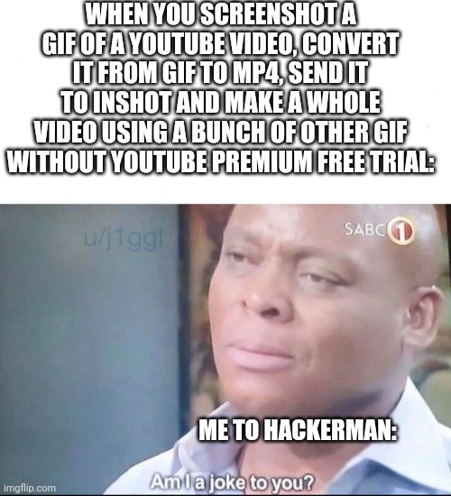 am I a joke to you | WHEN YOU SCREENSHOT A GIF OF A YOUTUBE VIDEO, CONVERT IT FROM GIF TO MP4, SEND IT TO INSHOT AND MAKE A WHOLE VIDEO USING A BUNCH OF OTHER GIF WITHOUT YOUTUBE PREMIUM FREE TRIAL:; ME TO HACKERMAN: | image tagged in am i a joke to you | made w/ Imgflip meme maker