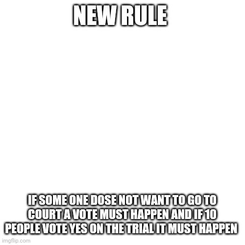 New rule | NEW RULE; IF SOME ONE DOSE NOT WANT TO GO TO COURT A VOTE MUST HAPPEN AND IF 10 PEOPLE VOTE YES ON THE TRIAL IT MUST HAPPEN | image tagged in memes,blank transparent square | made w/ Imgflip meme maker